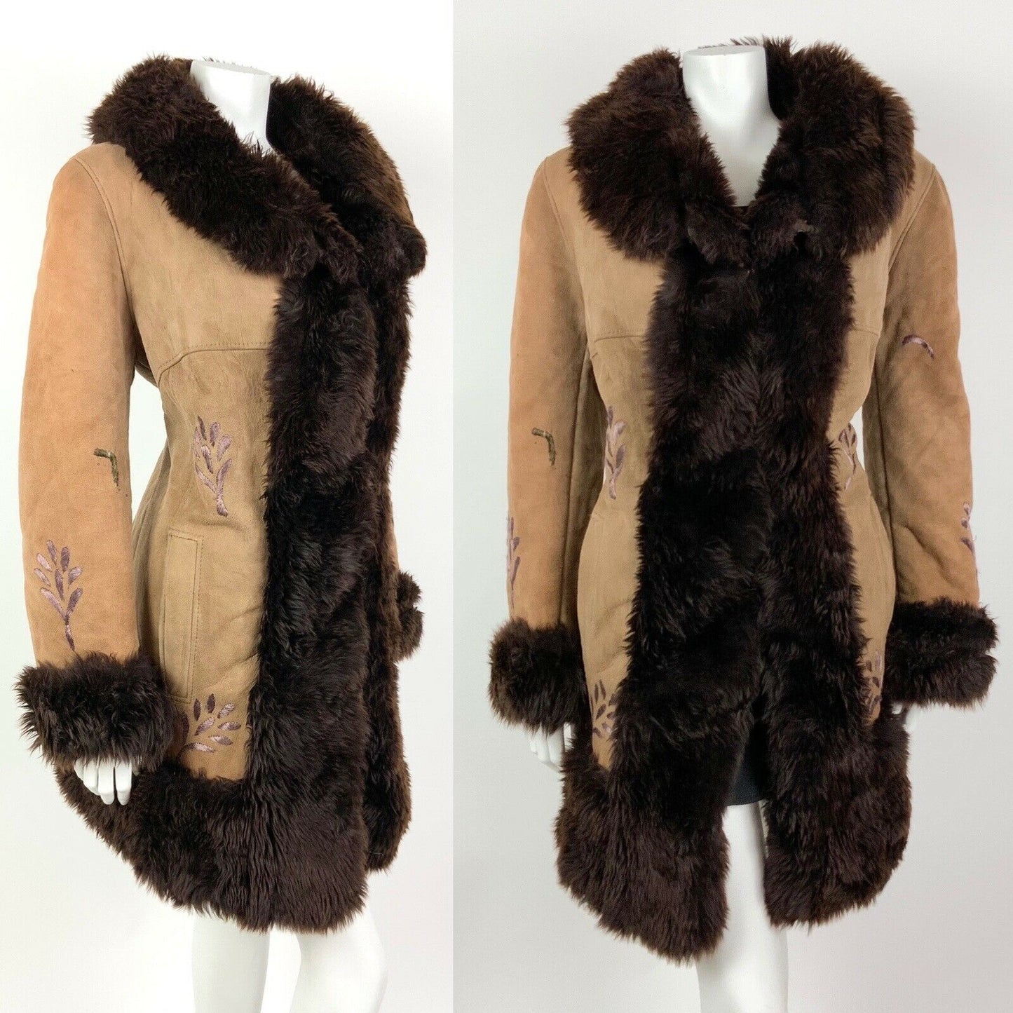 VTG 60s 70s CAMEL DARK BROWN EMBROIDERED FUR SUEDE BOHO PENNY LANE COAT 14 16