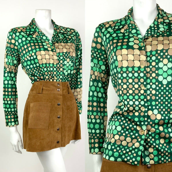 VINTAGE 60s 70s GREEN BEIGE GOLD CIRCLE SPOTTY DAGGER SHIRT 12 14 16