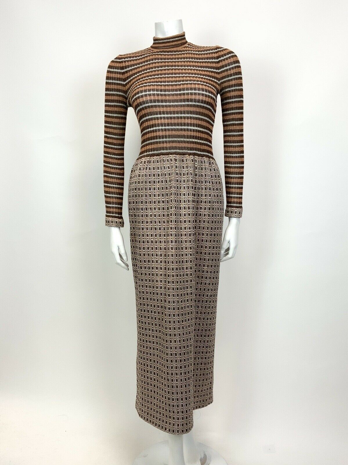 VINTAGE 60s 70s BROWN BRONZE SILVER GEOMETRIC TURTLENECK LUREX MAXI DRESS 6 8