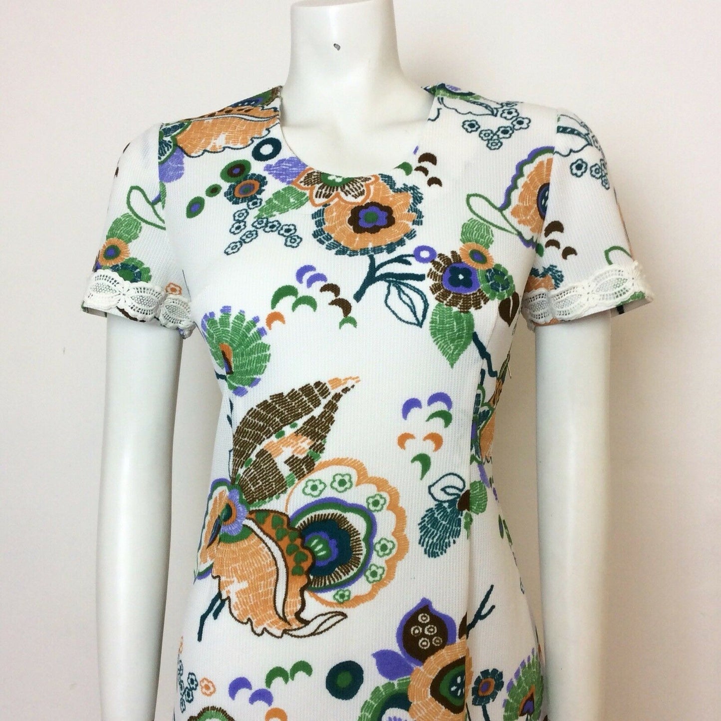 VINTAGE 60S FLORAL MINI DRESS WHITE ORANGE BROWN GREEN PURPLE 10 12