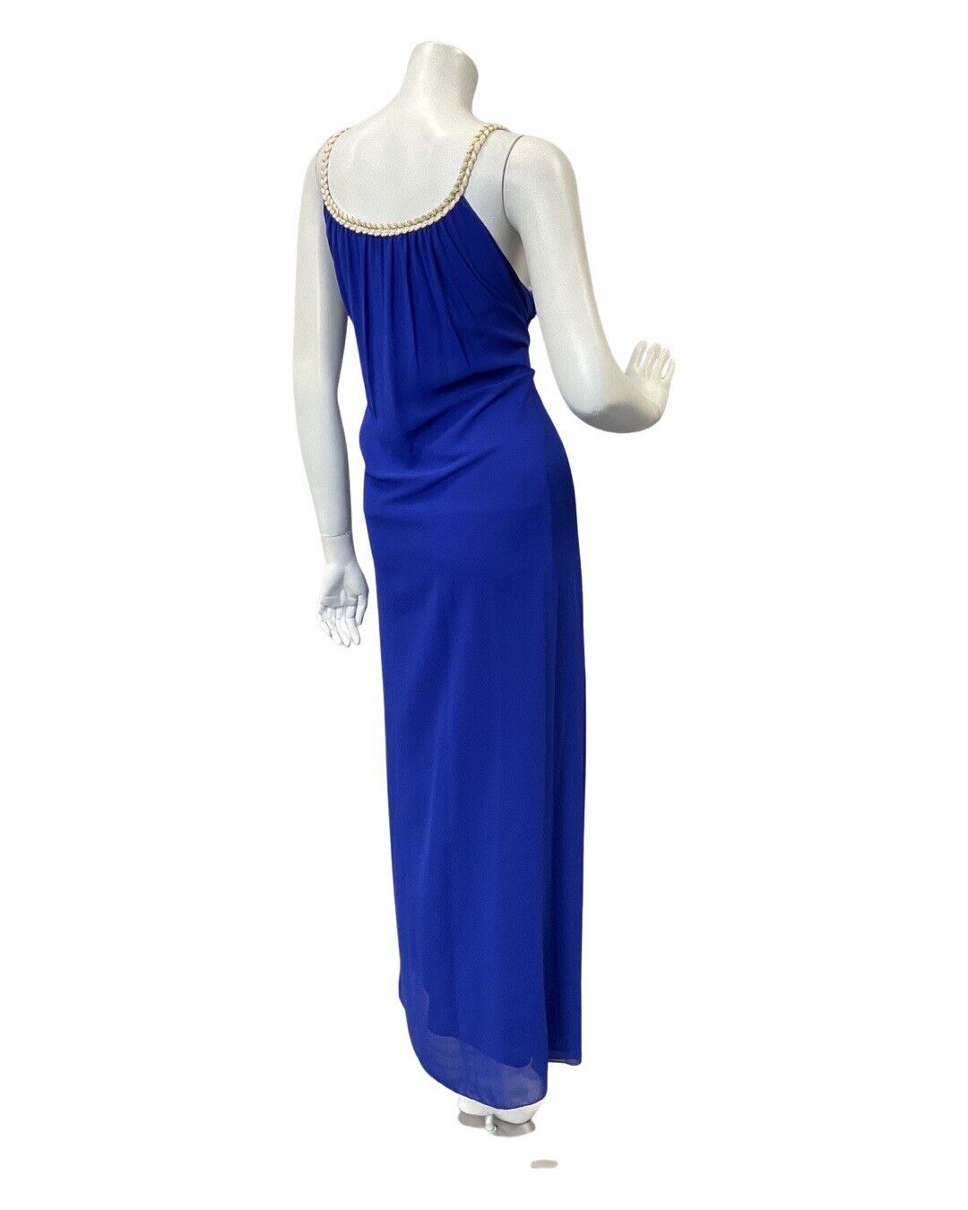 VINTAGE 60s 70s ROYAL BLUE CREAM GOLD BRAIDED STRAPPY SUMMER MAXI DRESS 14 16