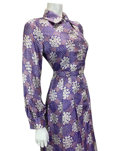 VINTAGE 60S 70S PURPLE LILAC FLORAL PRINT BOHO PSYCHEDELIC MIDI DRESS 12