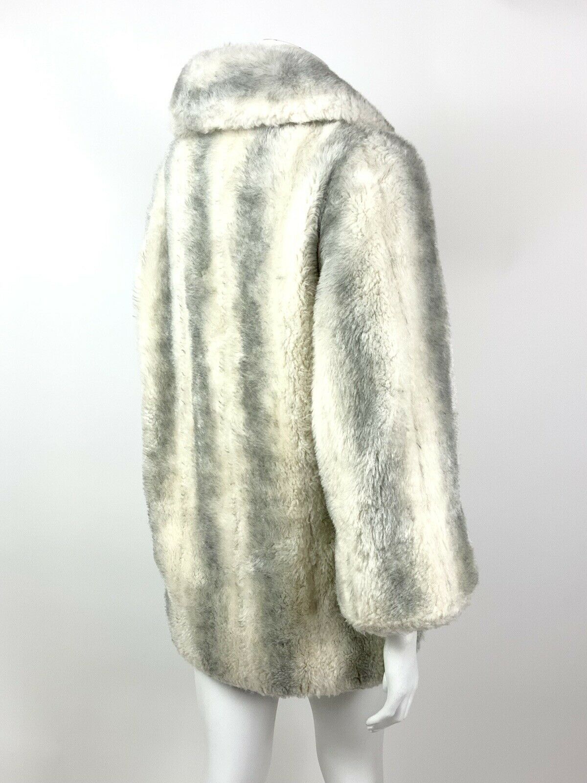 VINTAGE 60s 70s WHITE GREY BLACK STRIPED STUDIO 54 GLAM FAUX FUR COAT 14 16