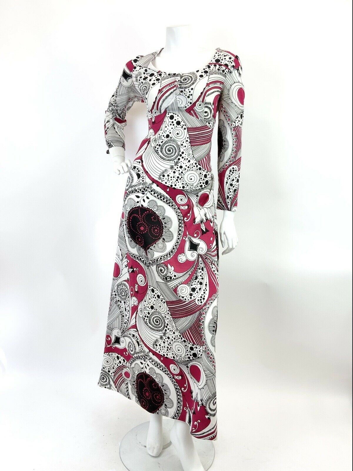 VINTAGE 60s 70s PINK WHITE BLACK PSYCHEDELIC SWIRLY DOTTY MOD MAXI DRESS 14 16