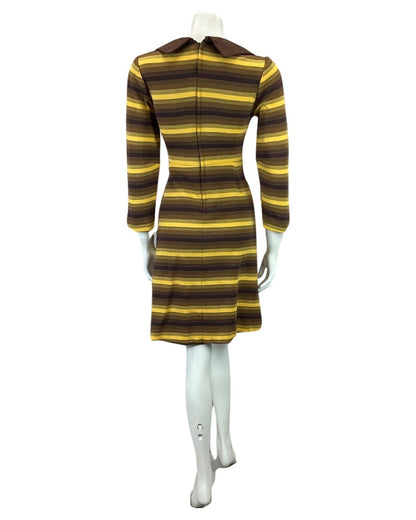 VINTAGE 60s 70s BROWN YELLOW STRIPED MOD BOHO DAGGAR COLLAR MIDI DRESS 10 12