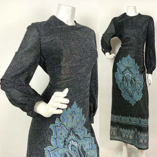 VINTAGE 60s 70s BLACK SILVER BLUE PAISLEY MANDALA ETHNIC LUREX MAXI DRESS 12 14