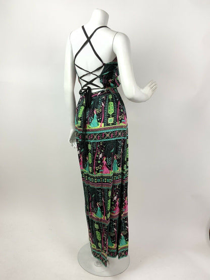 VTG 60s 70s BLACK GREEN PINK PSYCHEDELIC BIRD WOMAN FLORAL STRAPPY MAXI DRESS 8