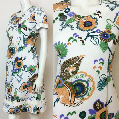 VINTAGE 60S FLORAL MINI DRESS WHITE ORANGE BROWN GREEN PURPLE 10 12