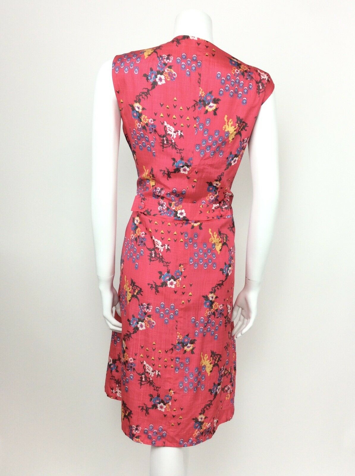 VINTAGE 60s 70s PINK FLORAL WHITE BLUE YELLOW SILK SUMMER DRESS 14