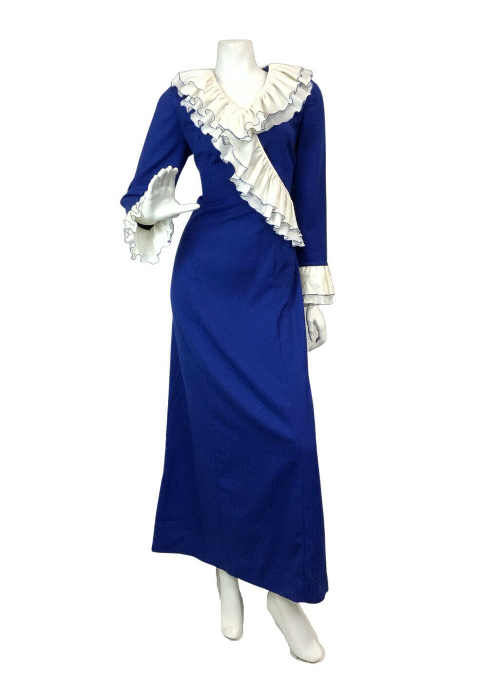 VINTAGE 60s 70s ROYAL BLUE WHITE RUFFLED MOD MAXI DRESS 10