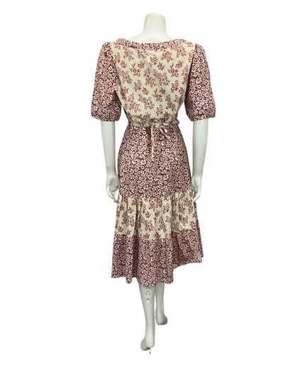 VINTAGE DIOLEN 70s DUSTY PINK CREAM FLORAL PRINT BOHO FOLK MIDI DRESS 10 12