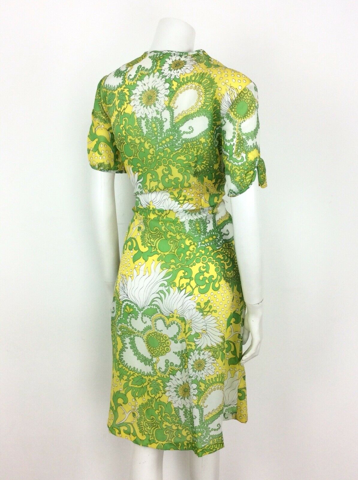 PSYCHEDELIC 70S VINTAGE YELLOW GREEN WHITE FLORAL DRESS 14