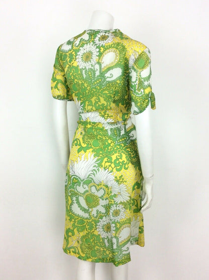 PSYCHEDELIC 70S VINTAGE YELLOW GREEN WHITE FLORAL DRESS 14