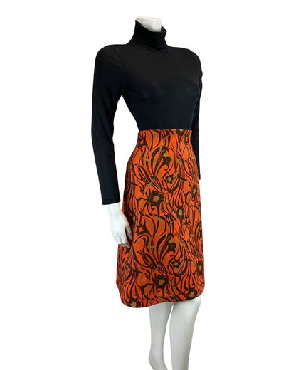 VINTAGE 60s 70s ORANGE BROWN GOLD PSYCHEDELIC SWIRL FLORAL MOD MIDI SKIRT 12