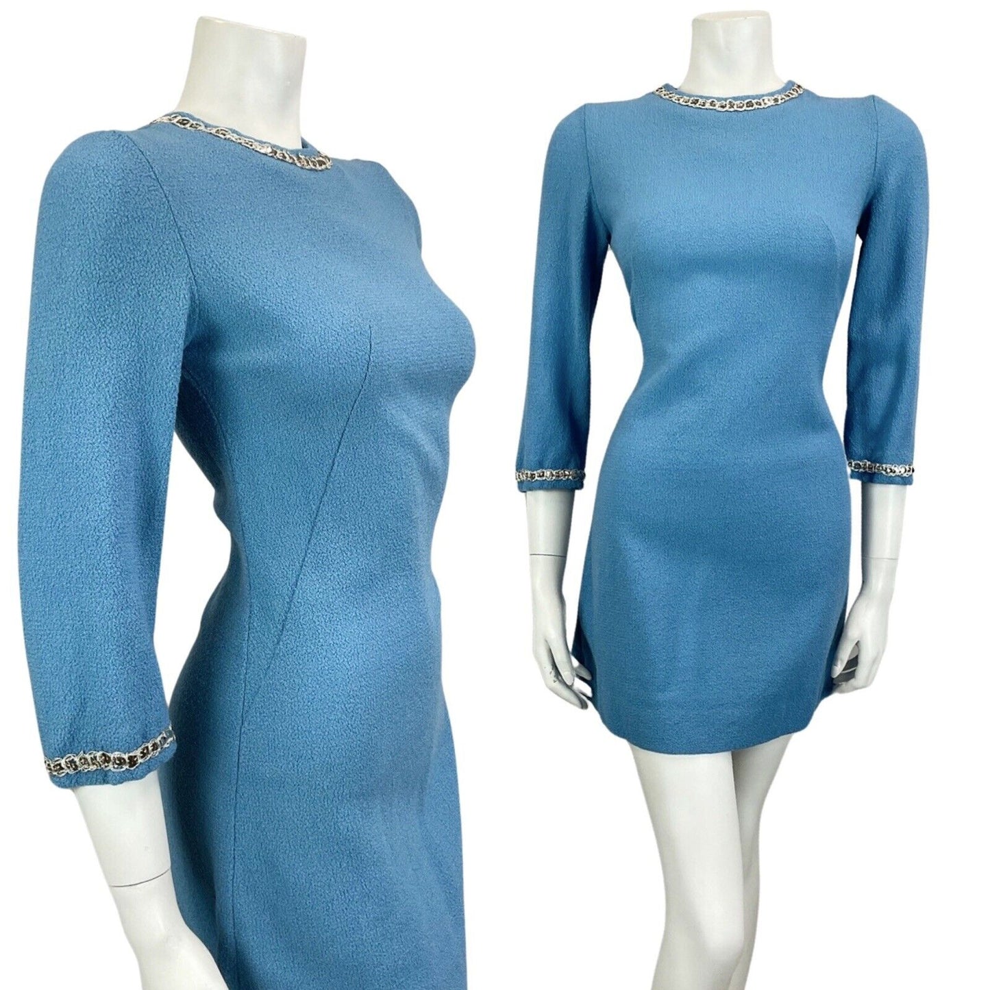 VINTAGE 60s 70s BLUE SILVER SEQUIN MOD MINI PARTY CHRISTMAS EVENING DRESS 8 10