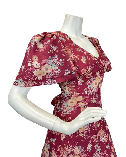 VINTAGE 60s 70s WINE RED CREAM BLUE FLORAL BOUQUET FLOATY MAXI DRESS 10