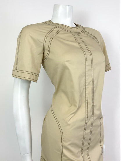 VINTAGE 60s 70s CREAM BEIGE BROWN MOD MIDI DRESS 10 12