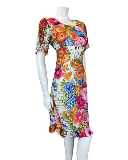 VINTAGE 60s 70s WHITE ORANGE PINK FLORAL MOD EMPIRE LINE MIDI DRESS 10