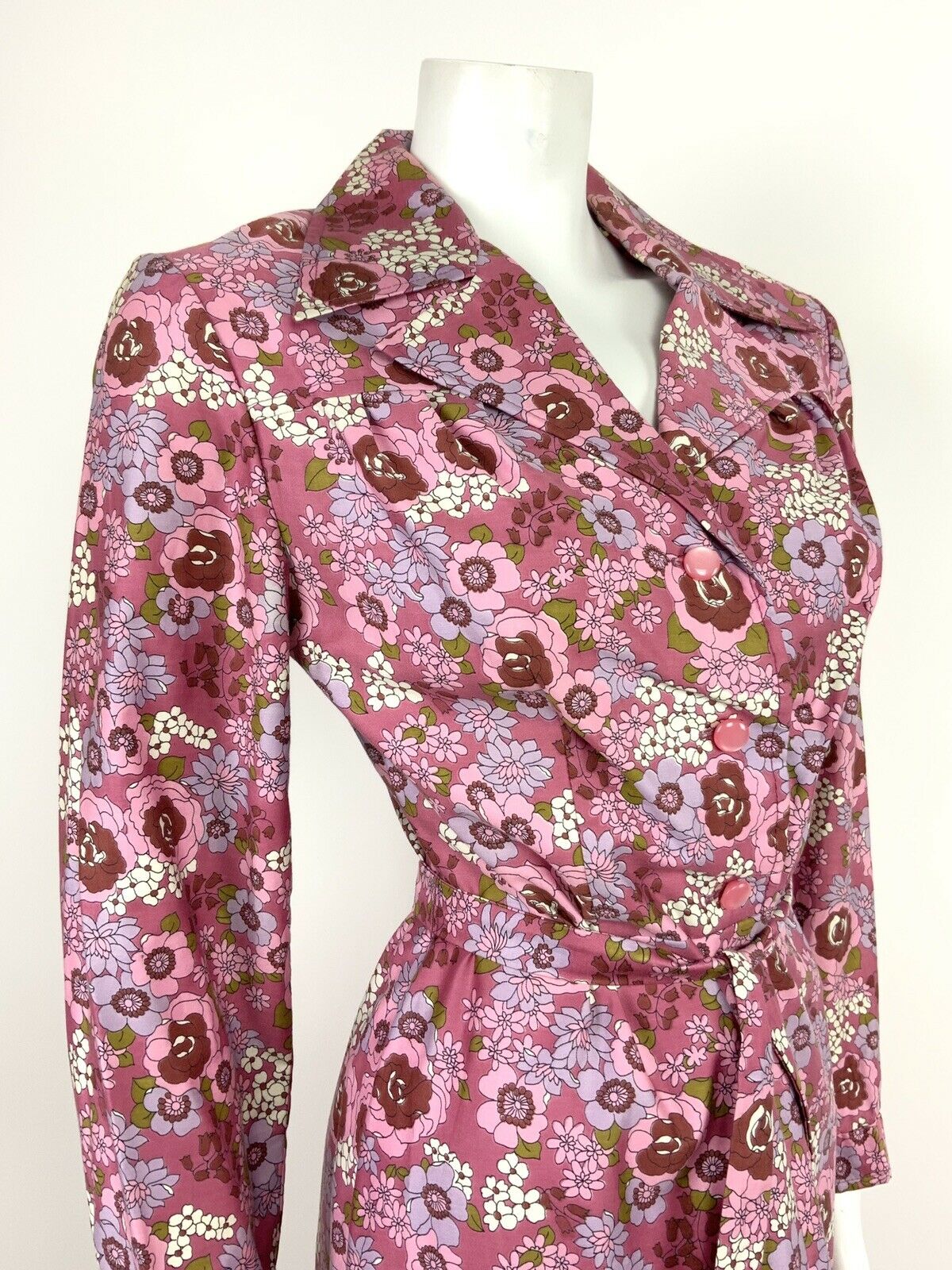 VTG 60s 70s PINK PURPLE GREEN WHITE FLORAL ROSE PSYCHEDELIC SHIRT DRESS 10 12