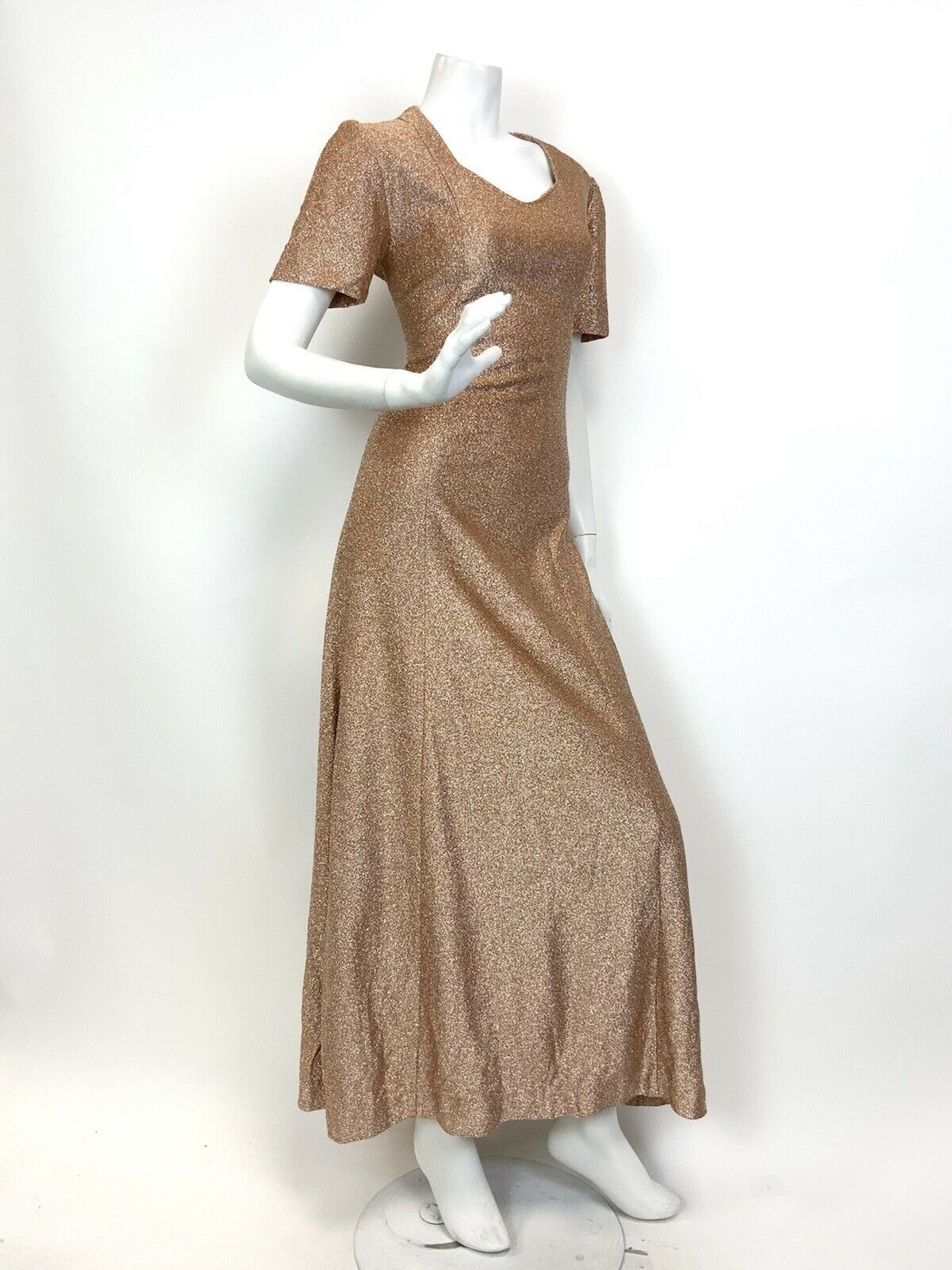 VTG 60s 70s PEACH COPPER METALLIC LUREX GLAM STUDIO 54 PARTY MAXI DRESS 12