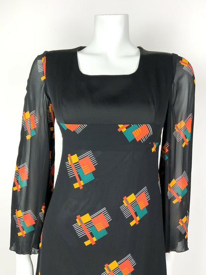 VTG 60s 70s BLACK ORANGE GREEN GEOMETRIC SHEER ANGEL SLEEVE EMPIRE LINE DRESS 8