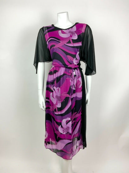 VINTAGE 70s 80s BLACK PURPLE PINK PSYCHEDELIC SWIRL LILY SHEER MIDI DRESS 10 12