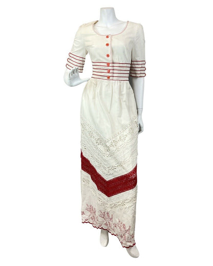 VINTAGE 60s 70s CREAM RED EMBROIDERED LACE STRIPED BOHO FOLK MAXI DRESS 10