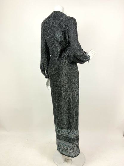 VINTAGE 60s 70s BLACK SILVER BLUE PAISLEY MANDALA ETHNIC LUREX MAXI DRESS 12 14