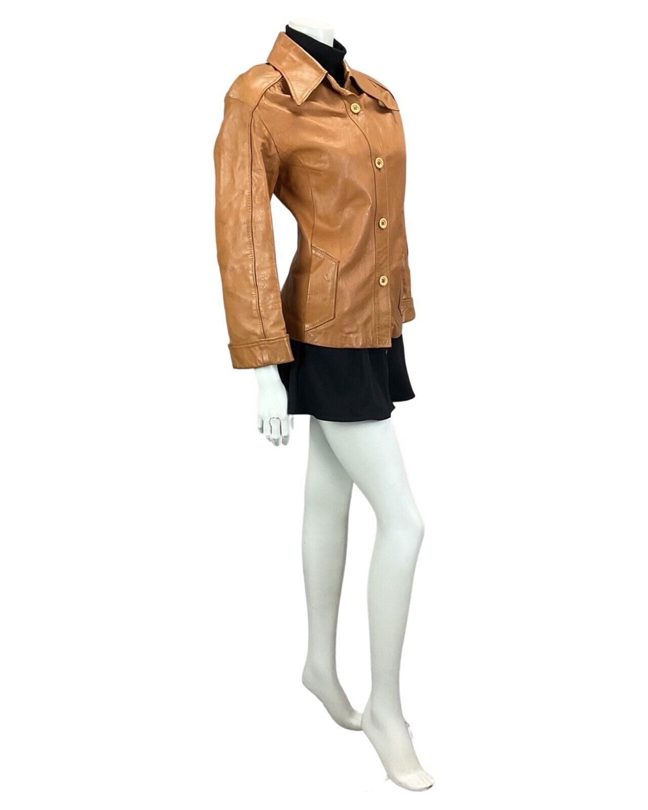 VTG 60s 70s DARK ORANGE TAN BROWN DAGGER COLLAR LEATHER MOD BIKER JACKET 12 14