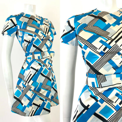 VINTAGE 60s 70s WHITE BLUE BLACK GEOMETRIC CHECKED MINI MOD DRESS 8 10