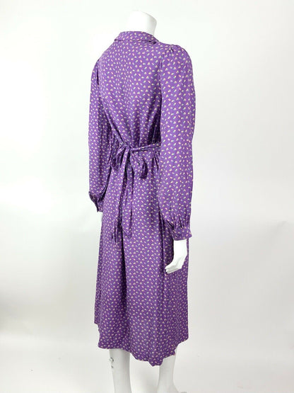 VINTAGE 60s 70s PURPLE GREEN PINK DOTTY DITSY PETER PAN BOW MIDI DRESS 8 10