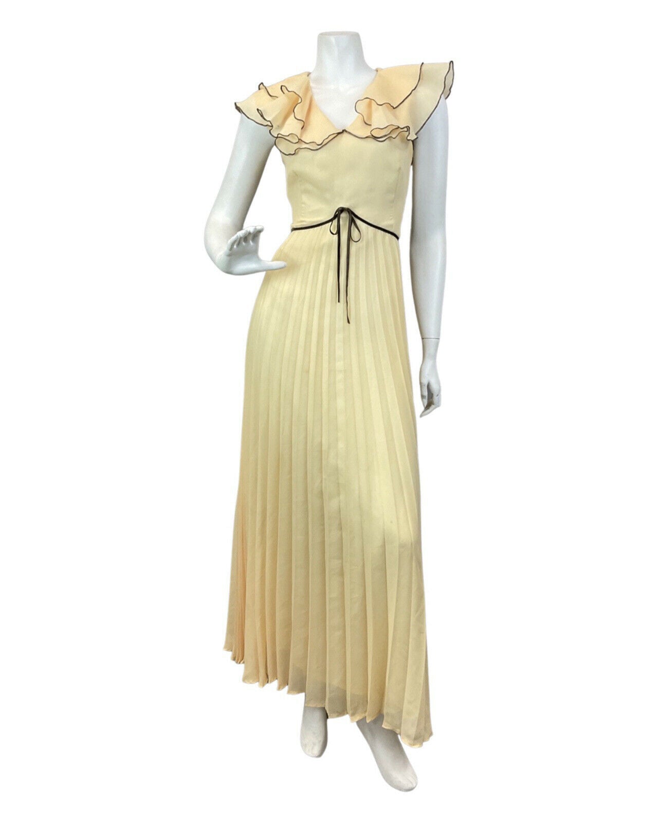 VINTAGE 60s 70s CREAM YELLOW BROWN RUFFLED PLEATED MAXI DRESS 10