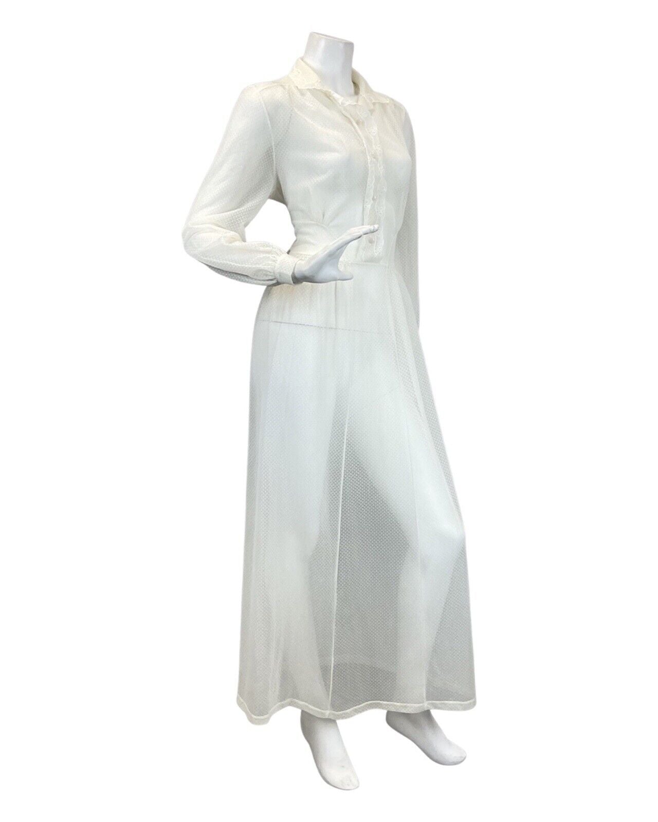 VINTAGE 60s 70s CREAM WHITE EMBROIDERED SHIRT PRAIRIE SHEER MAXI DRESS 10 12