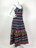 VINTAGE 60s 70s BLUE YELLOW PINK GREEN AZTEC GEOMETRIC STRAPPY MAXI DRESS 6