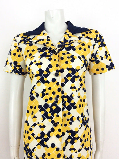 VINTAGE 60s 70s SHIRT DRESS GEOMETRIC ABSTRACT BLUE YELLOW CREAM WHITE 14 16