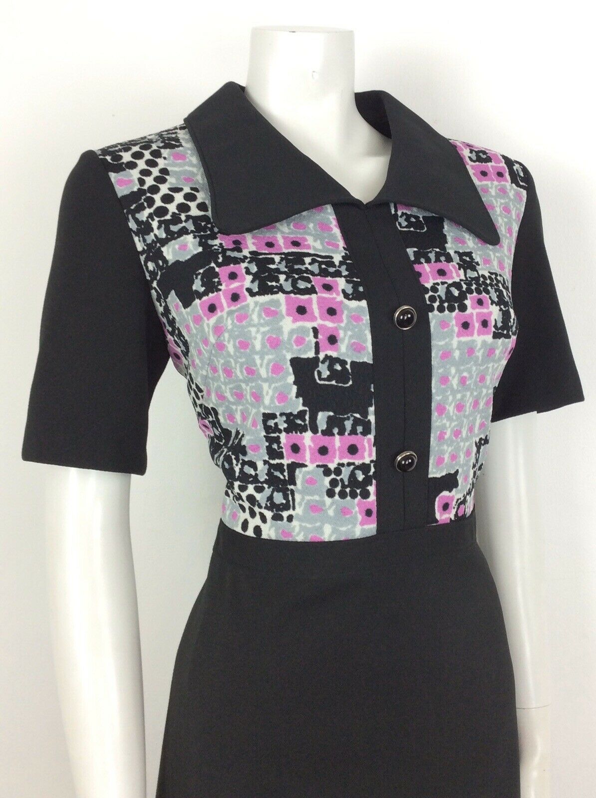 VINTAGE 60S BLACK PINK GREY WHITE ABSTRACT DAGGER COLLAR DRESS 14