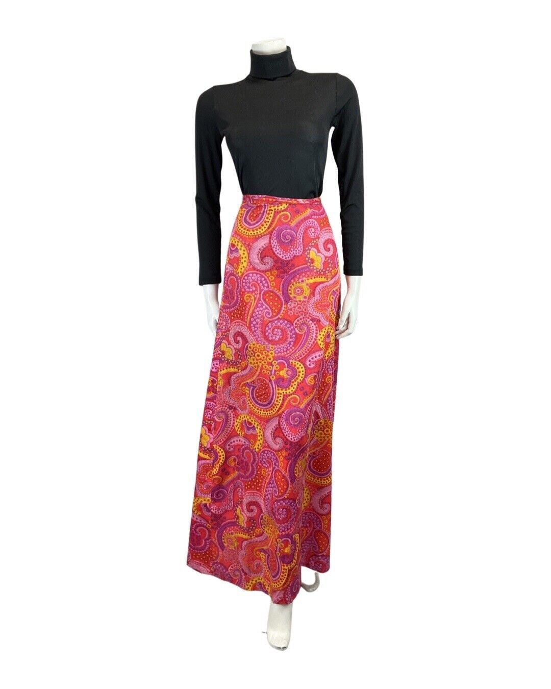 VINTAGE 60s 70s PINK YELLOW PSYCHEDELIC DAISY PAISLEY DOTTY MAXI SKIRT 8