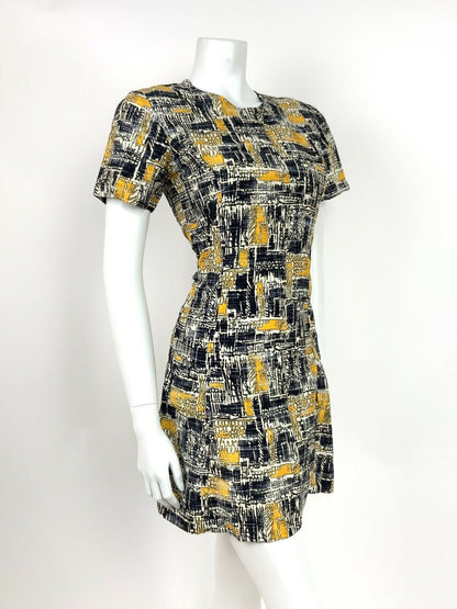 VINTAGE 60s 70s NAVY BLUE YELLOW WHITE GEOMETRIC ABSTRACT SUMMER SHIFT DRESS 8