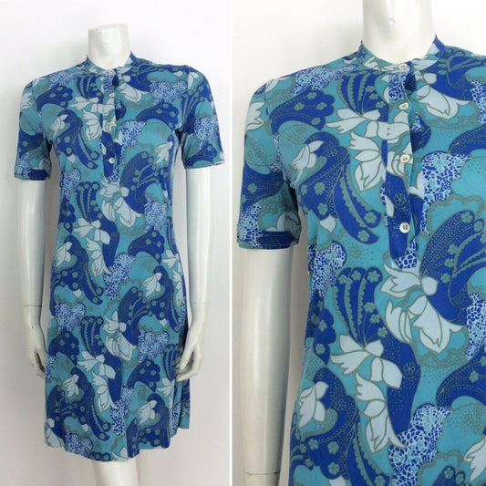 VTG 60S 70S BLUE WHITE TURQUOISE PSYCHEDELIC PRINT DRESS 10 12