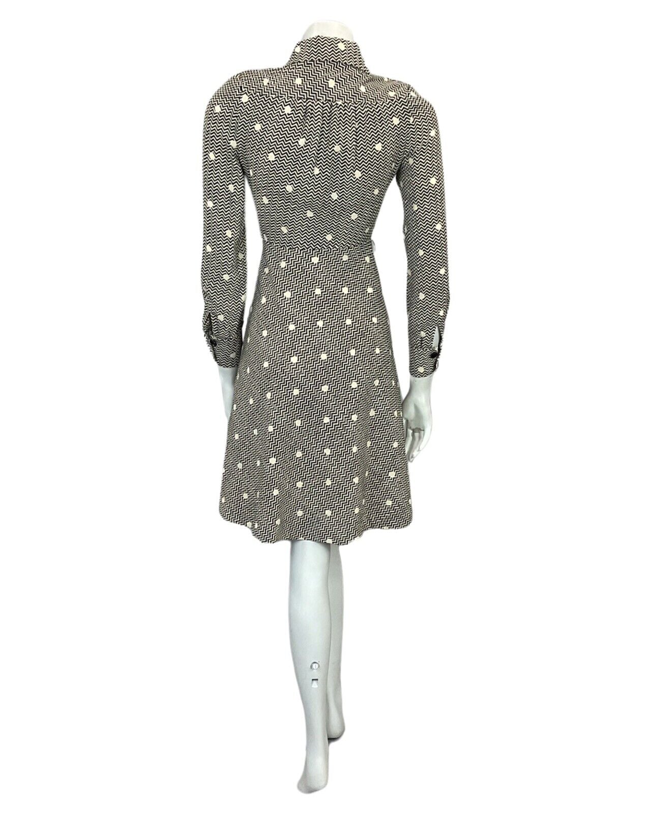 VINTAGE 60s 70s CREAM BLACK POLKA DOT ABSTRACT PRINT DAGGAR COLLAR MIDI DRESS 6