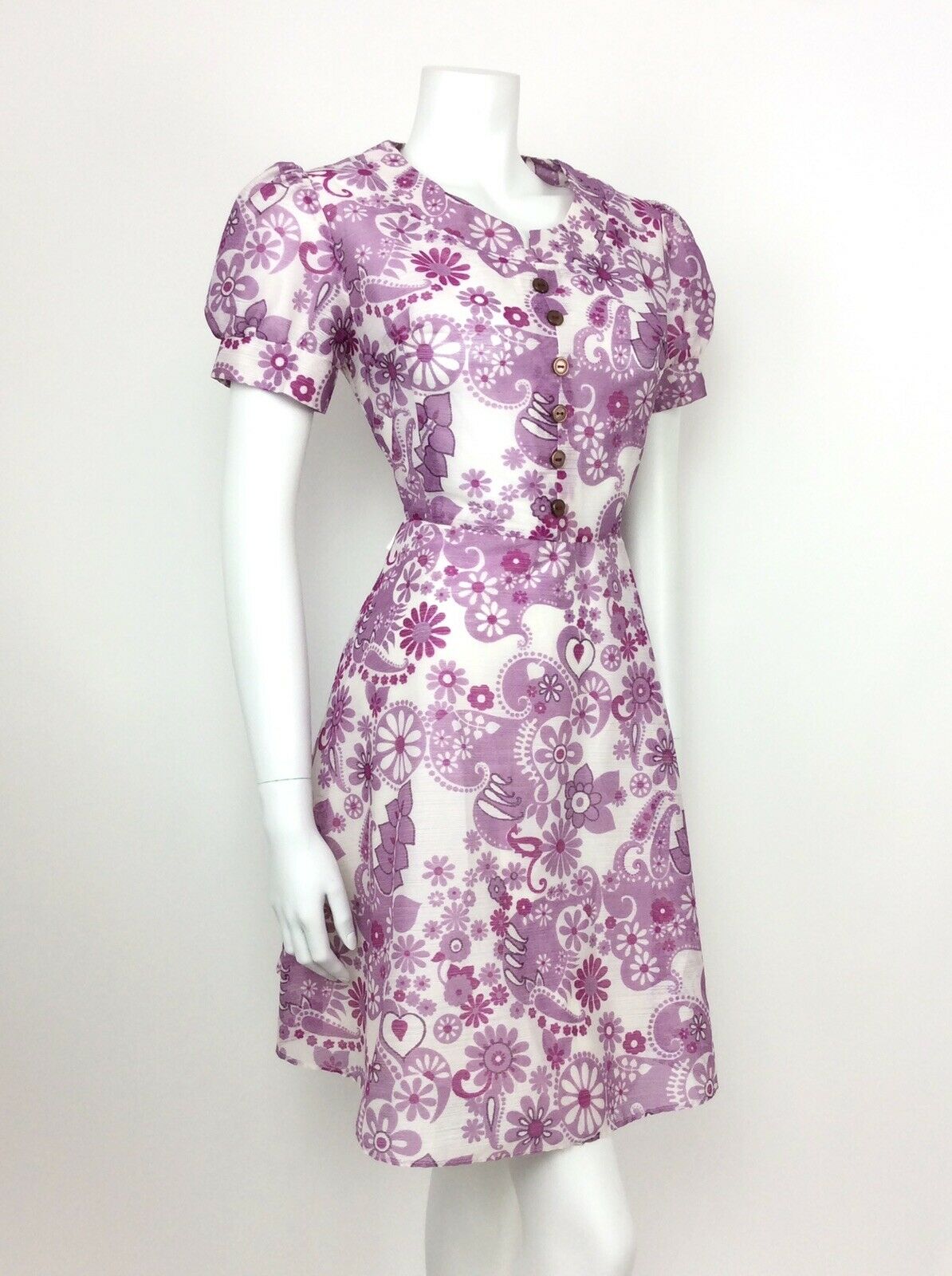 VINTAGE 60s 70s FLORAL PAISLEY PURPLE WHITE LILAC SHEER SUMMER DRESS 12 14