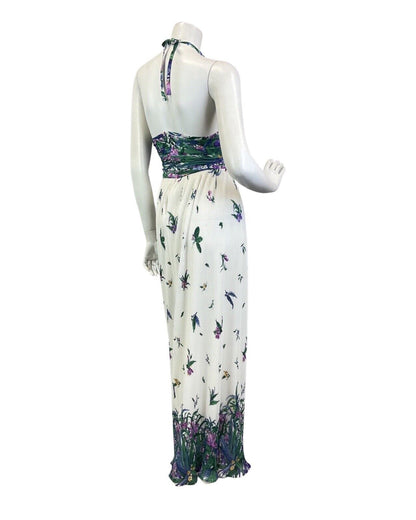 VINTAGE 60s 70s WHITE BLUE PURPLE PLEATED FLORAL SUMMER HALTER MAXI DRESS 10