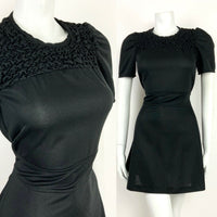 VINTAGE 60s 70s BLACK RUCHED BELTED MOD MINI DRESS 6 8