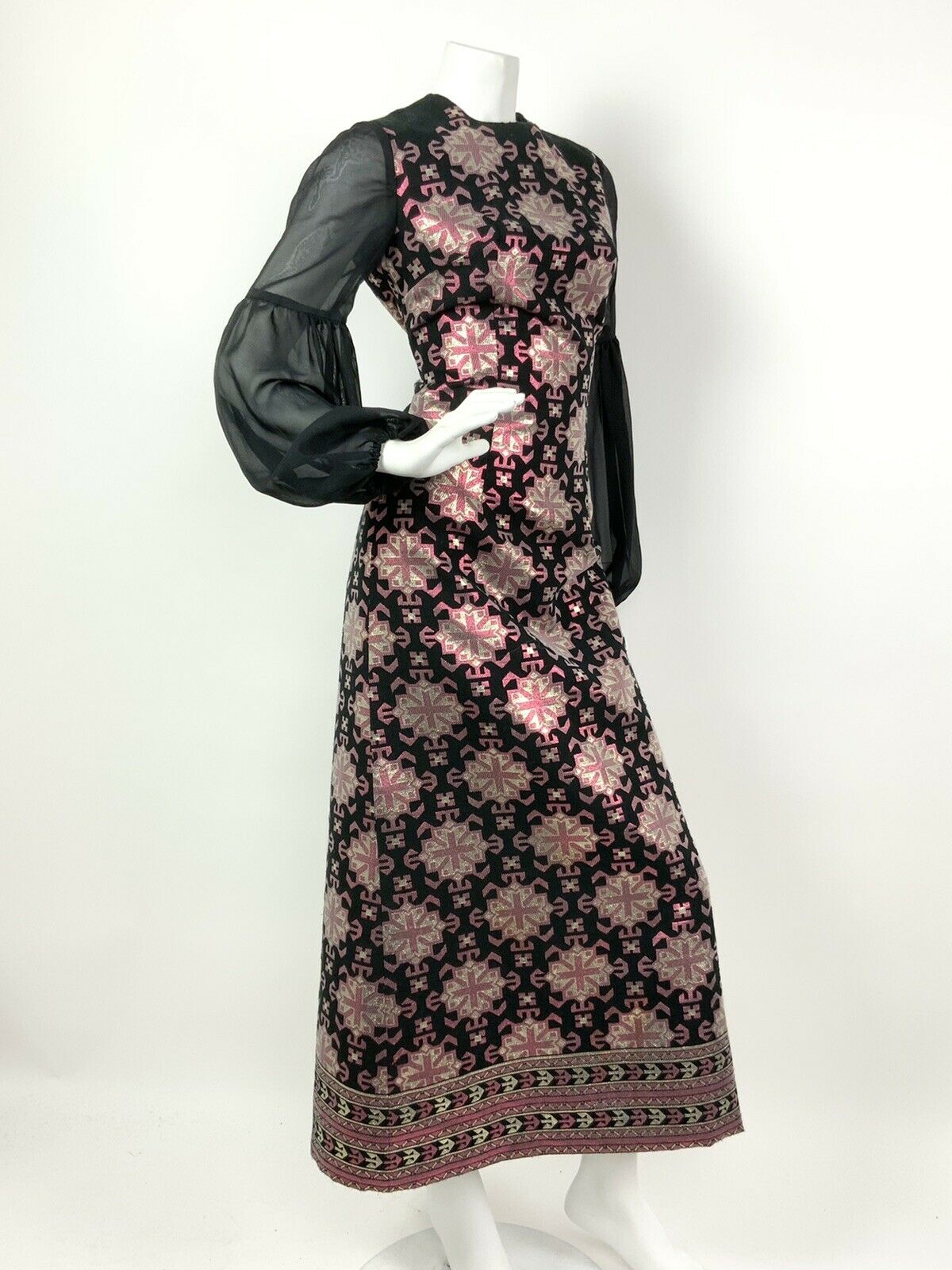 VTG 60s 70s BLACK METALLIC PINK GOLD AZTEC GEOMETRIC SHEER MAXI DRESS 10