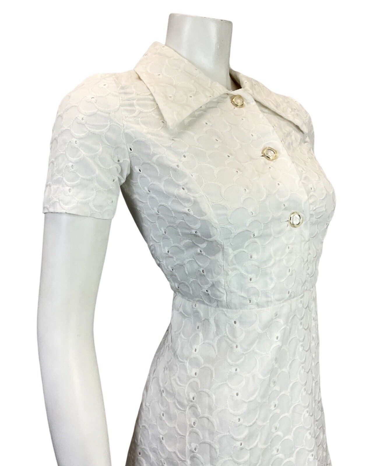 VINTAGE 60s 70s WHITE EMBROIDERED CUT-WORK DAGGER COLLAR MOD SHIRT DRESS 6 8