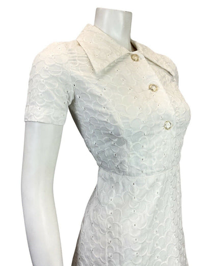 VINTAGE 60s 70s WHITE EMBROIDERED CUT-WORK DAGGER COLLAR MOD SHIRT DRESS 6 8