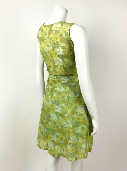 VTG 60s 70s GREEN WHITE YELLOW FLORAL DAISY BOTANICAL PSYCHEDELIC DRESS 12 14