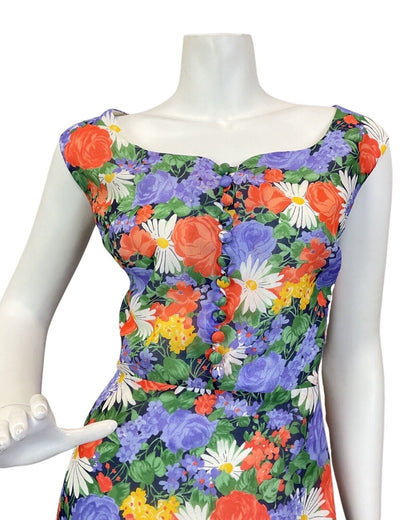 VINTAGE 60s 70s PURPLE GREEN RED ROSE DAISY FLORAL SLEEVELESS MAXI DRESS 16