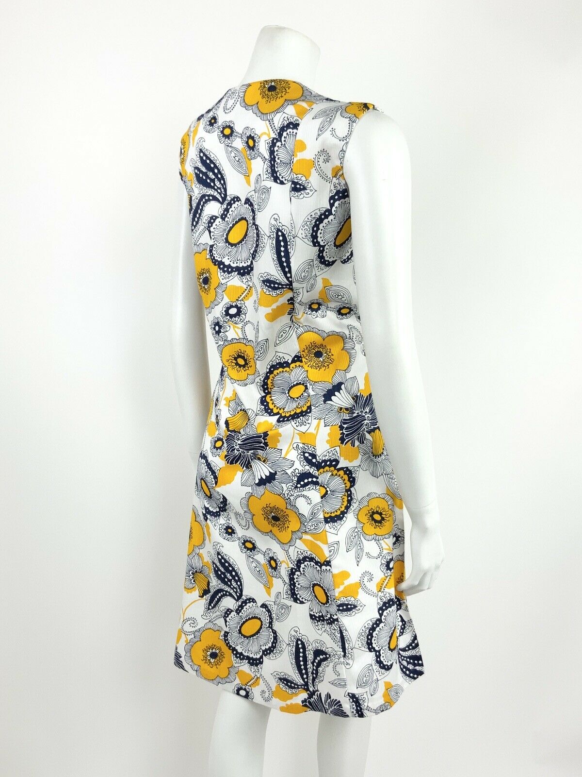 VTG 60s 70s BLUE YELLOW WHITE FLORAL SWIRL A-LINE MOD PSYCH FLOWER DRESS 12 14