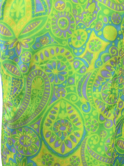 VTG 60s 70s GREEN LILAC YELLOW PSYCHEDELIC PAISLEY RUFFLED MOD MINI DRESS 12 14